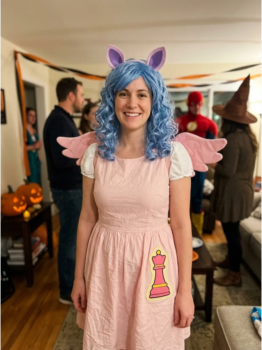 Cozy Glow Costume. Wear a pale pink or light coral dress with a curly blue wig. Add small wings, pony ears, and a chess-piece cutie mark for a deceptively sweet-looking villain cos