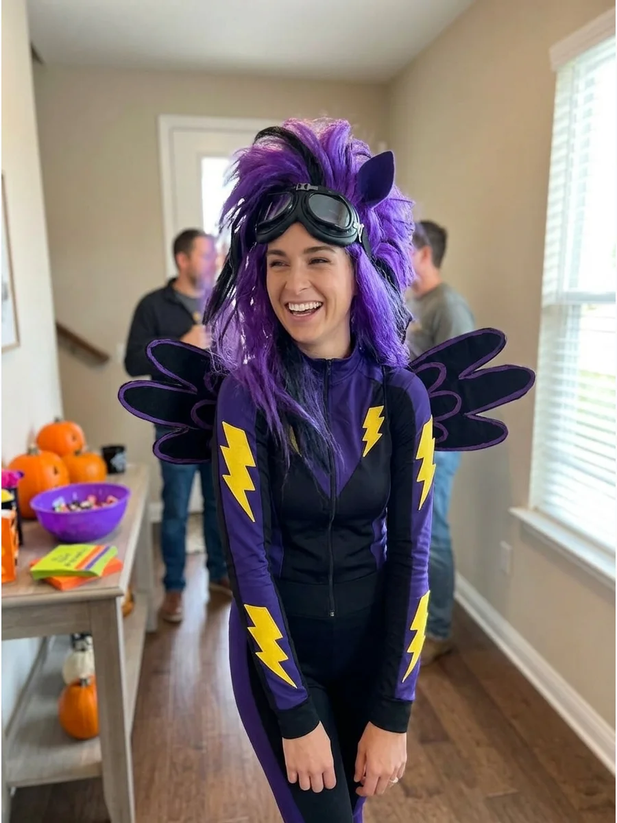 Shadowbolt Costume. Choose a dark purple or black racing-style outfit with yellow lightning accents. Finish it with goggles, dark wings, pony ears, and a dramatic purple mane. Easy
