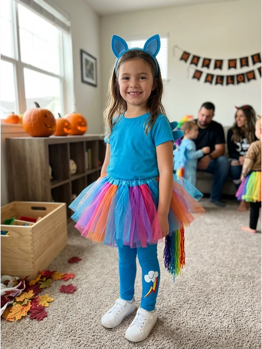 My Little Pony Tutu Costume. Pair a colorful tutu with a matching shirt, leggings, and comfortable shoes. Add pony ears, a yarn tail, and a cutie mark to turn the simple outfit int