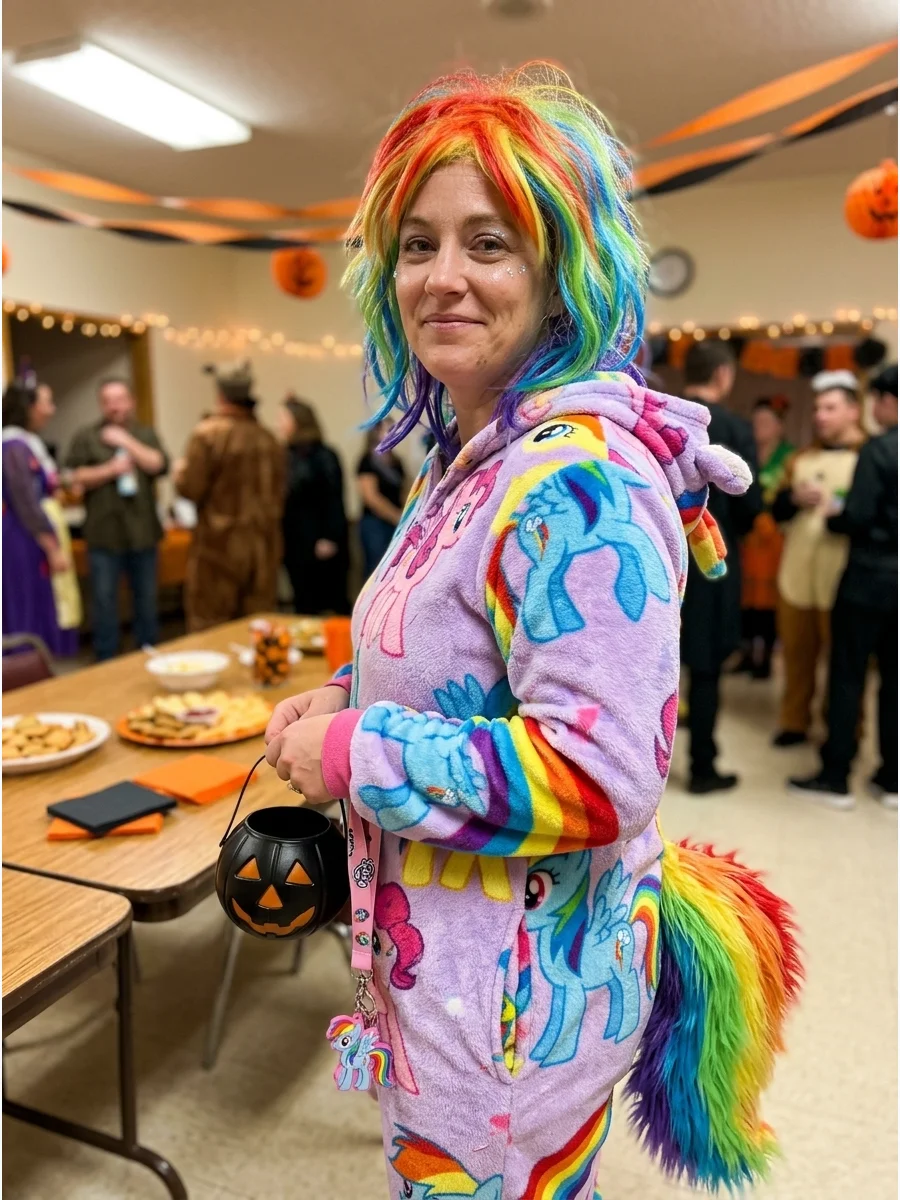 My Little Pony Onesie Costume. Wear a colorful pony onesie or footed pajama outfit for a comfortable Halloween costume. Add a character wig, simple face makeup, or matching accesso