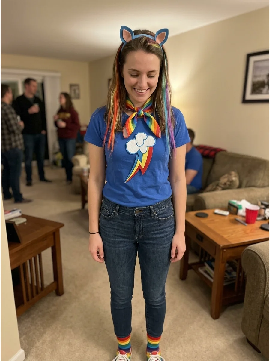 Last-Minute Rainbow Dash Costume. Wear a blue shirt and jeans, then add rainbow socks, hair extensions, or a colorful scarf. Finish the outfit with handmade ears and a lightning-cl
