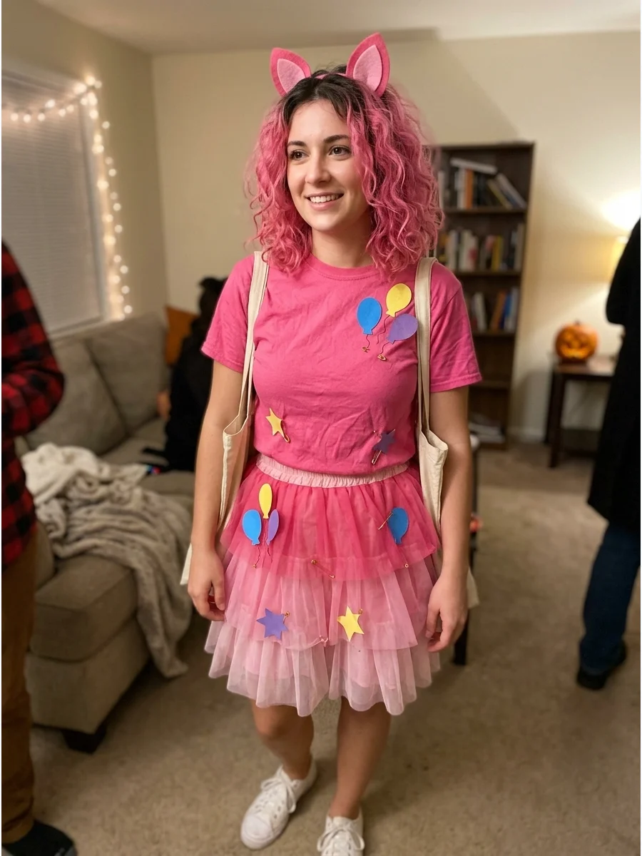 Last-Minute Pinkie Pie Costume. Combine any pink dress, skirt, or top with a curly pink wig or temporary hair color. Add balloon-shaped paper accessories and pink pony ears for a c