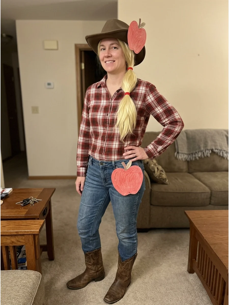 Closet-Only Applejack Costume. Use a plaid shirt, jeans, cowboy boots, and a hat you already own. Add a blonde ponytail and apple-shaped paper cutouts to transform the everyday out