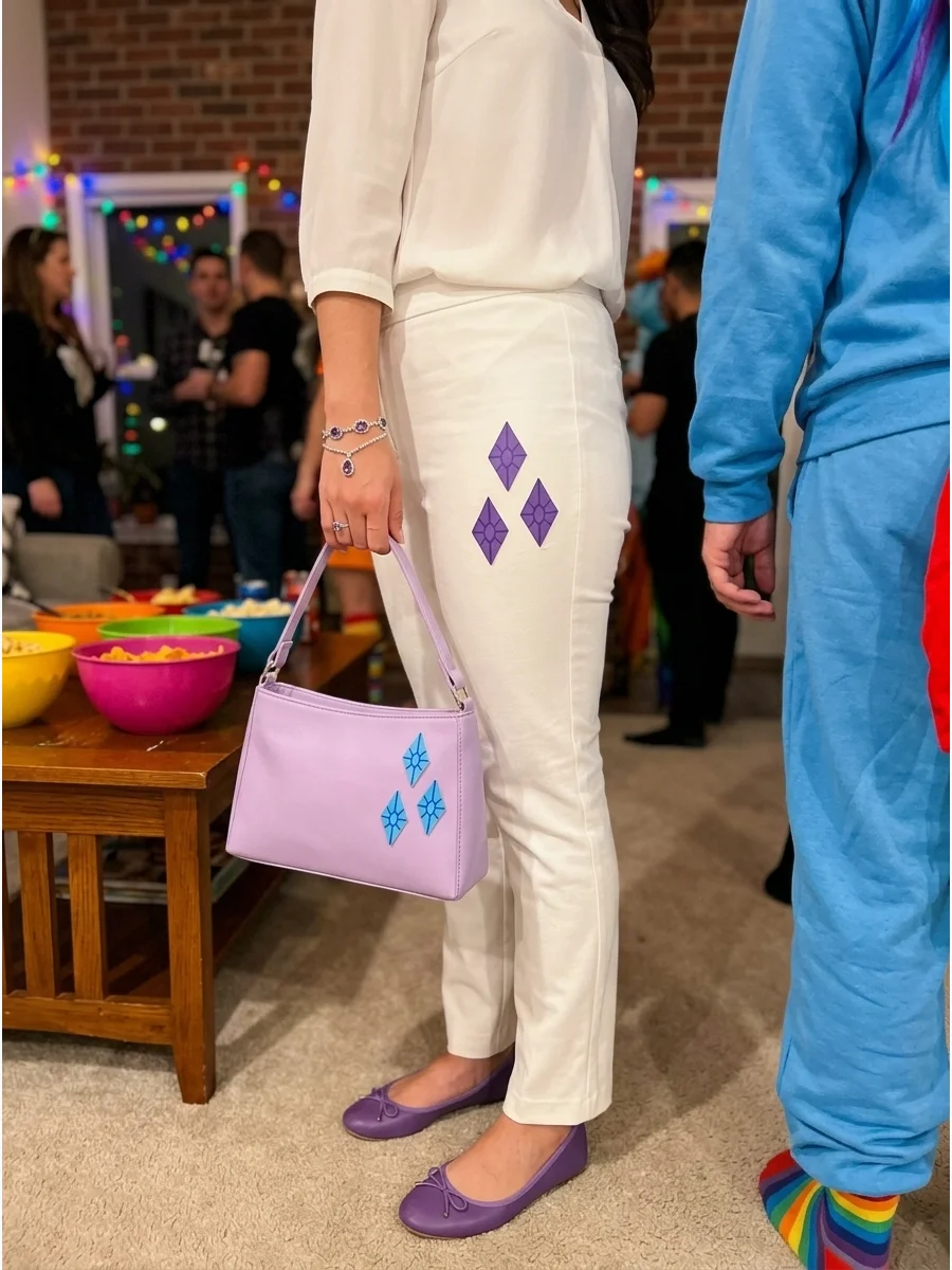 Minimalist Rarity Costume. Wear a white outfit with purple shoes, jewelry, and hair accessories. Add three blue diamond shapes to a handbag or shirt for a subtle costume that is st