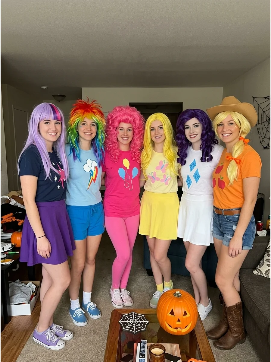 Mane Six Group Costume. Assign Twilight Sparkle, Rainbow Dash, Pinkie Pie, Fluttershy, Rarity, and Applejack to six friends. Keep the outfit shapes similar while using each pony’s