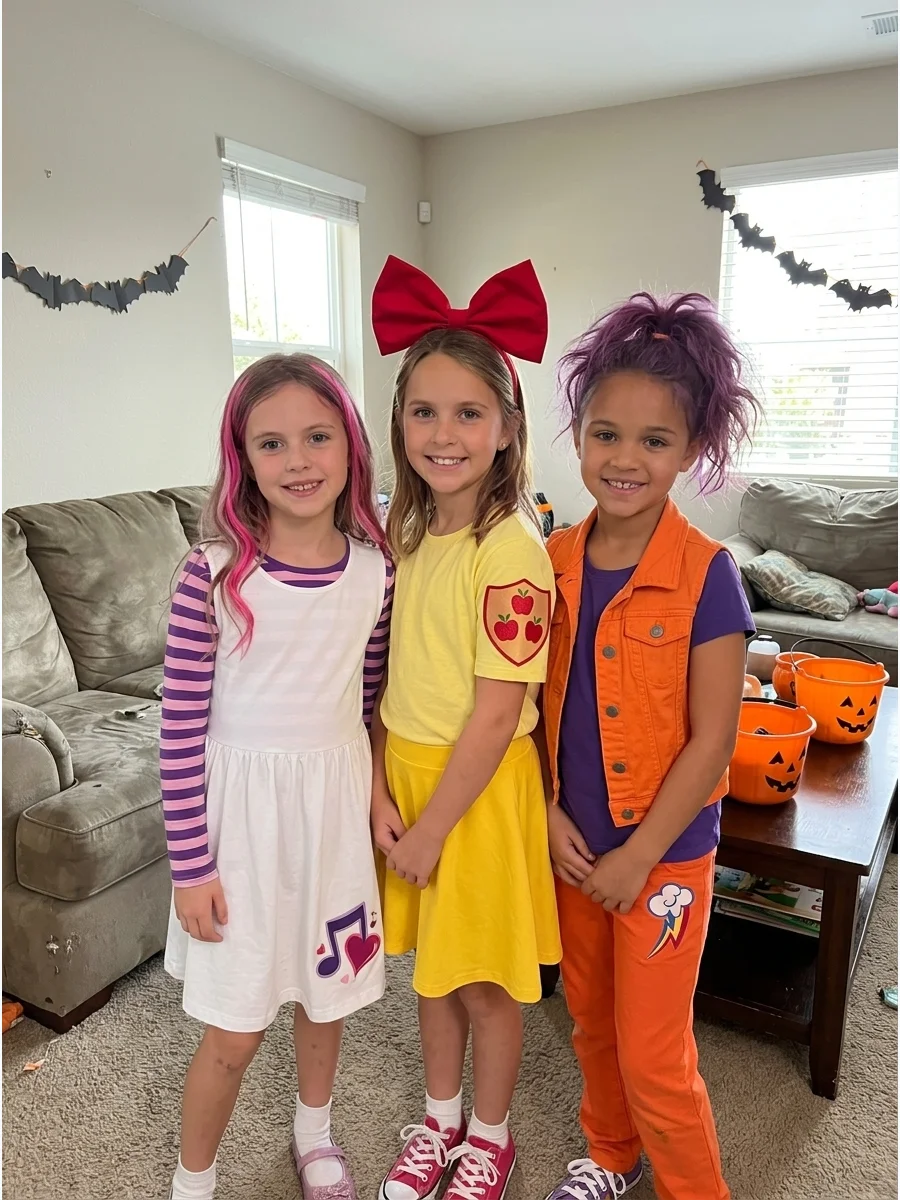 Cutie Mark Crusaders Trio. Dress three friends as Apple Bloom, Sweetie Belle, and Scootaloo. Coordinate the outfits with yellow, white, and orange clothing, then add matching shiel