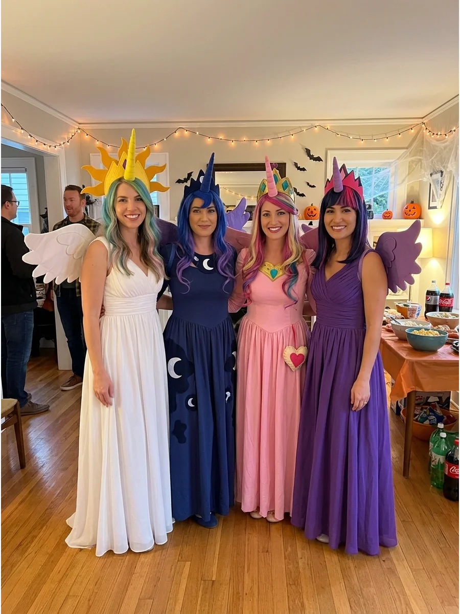 My Little Pony Princess Group. Create a royal group with Princess Celestia, Princess Luna, Princess Cadance, and Princess Twilight Sparkle. Use long dresses, crowns, wings, horns,