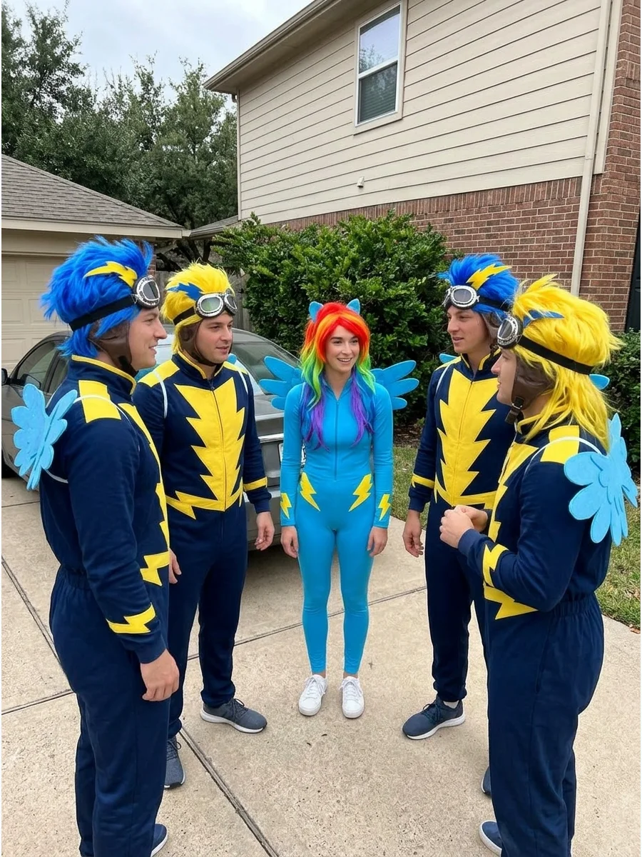 Rainbow Dash and Wonderbolts Group. Have one person dress as Rainbow Dash while the rest of the group wears matching Wonderbolt uniforms. Blue outfits, yellow lightning details, go