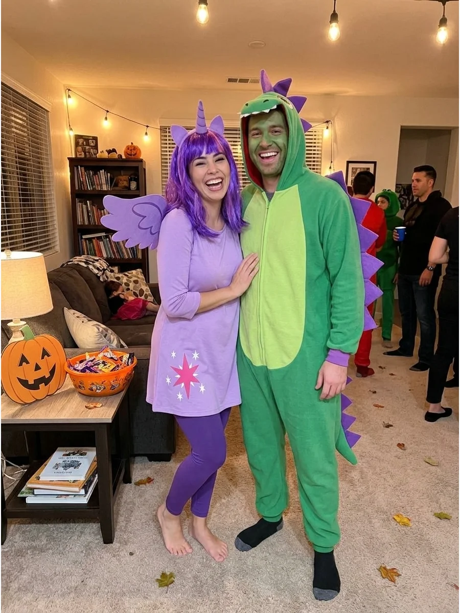 Pony and Spike Duo Costume. One person can dress as Twilight Sparkle while the other becomes Spike the Dragon. The matching purple-and-green palette makes this a coordinated costum