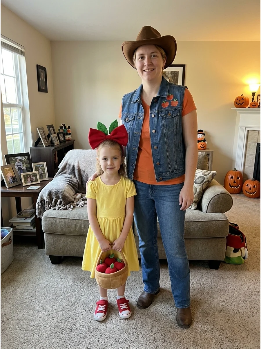 Parent and Child Pony Costume. Choose two related color palettes and dress as matching My Little Pony characters. A parent might wear Applejack while the child dresses as Apple Blo