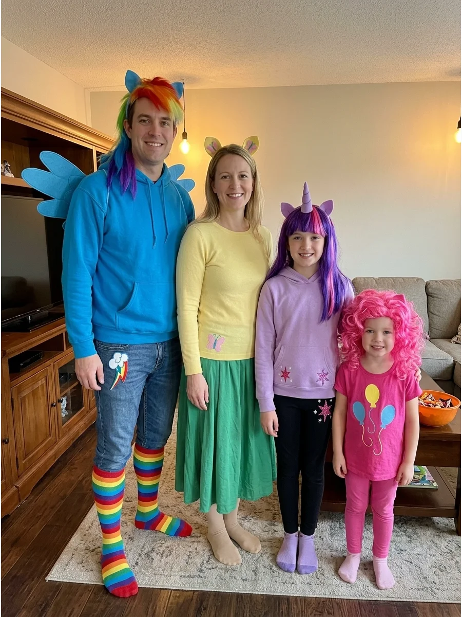 My Little Pony Family Costume. Give every family member a different pony character based on their favorite color or personality. Use comfortable shirts, hoodies, ears, tails, and c