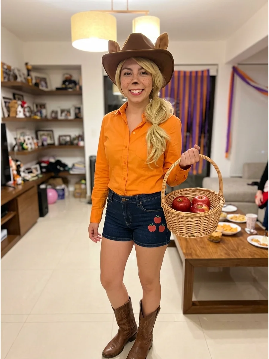 Applejack Costume. Combine denim shorts or jeans with an orange shirt, cowboy boots, and a brown cowboy hat. Add pony ears, a blonde ponytail, freckles, and three red apples to mak