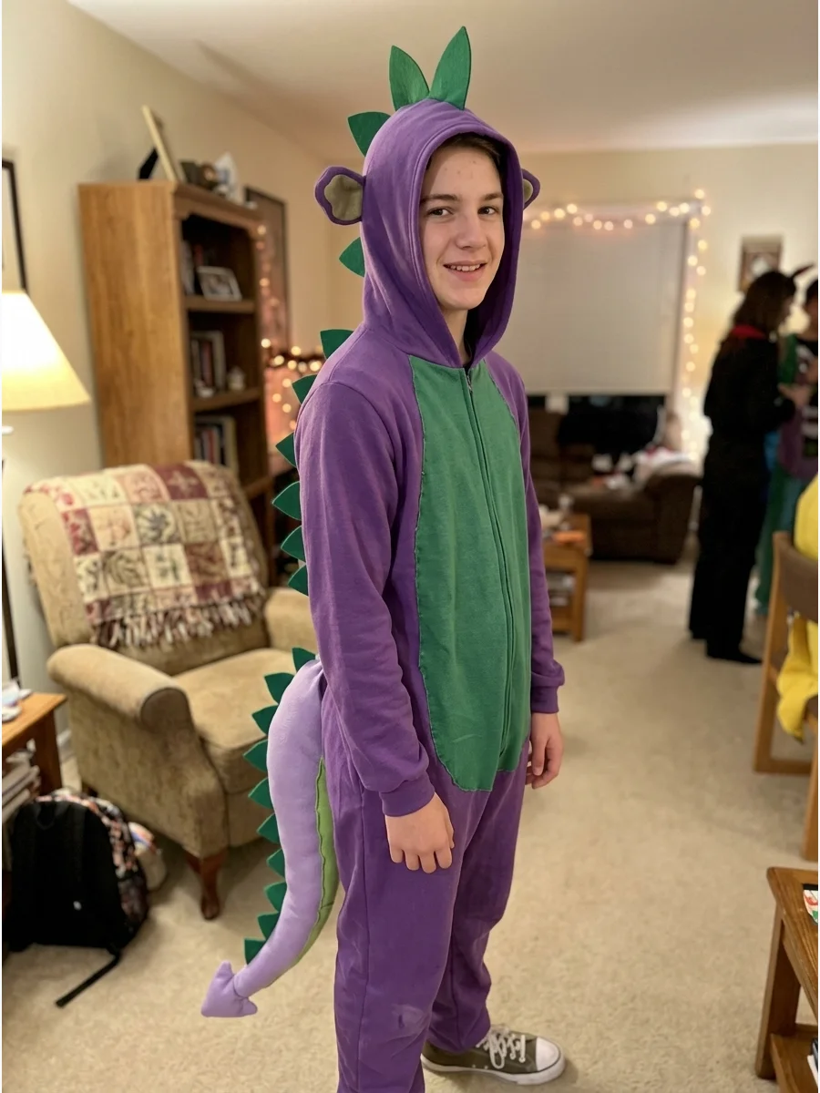 Spike the Dragon Costume. Wear a purple hoodie or jumpsuit with a green stomach panel for an easy Spike costume. Add green felt spikes along the hood and back, dragon ears, and a l