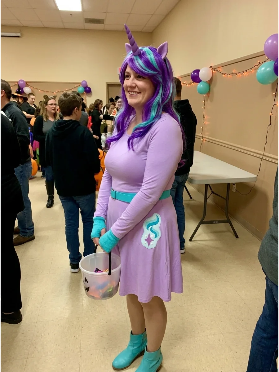 Starlight Glimmer Costume. Start with a light purple outfit and add turquoise accessories to recreate Starlight Glimmer. A purple-and-teal wig, unicorn horn, and star-and-swirls cu