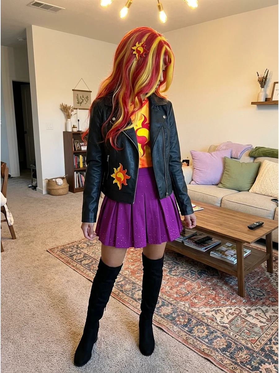 Sunset Shimmer Costume. Use a black jacket, purple skirt, bright top, and tall boots for an Equestria Girls-inspired Sunset Shimmer outfit. Add a long red-and-yellow wig and a sun-