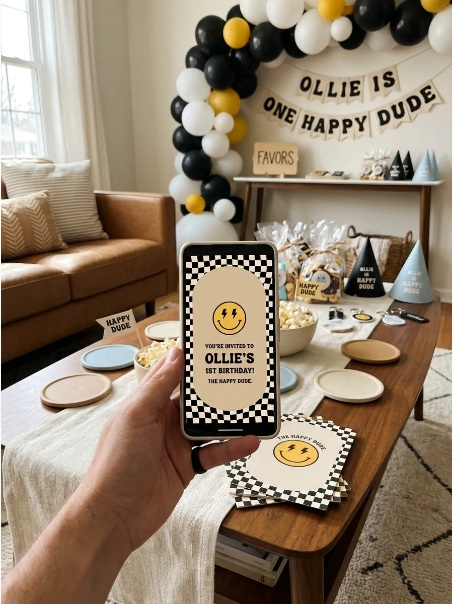 Digital Groovy Motion Invitation one happy dude birthday