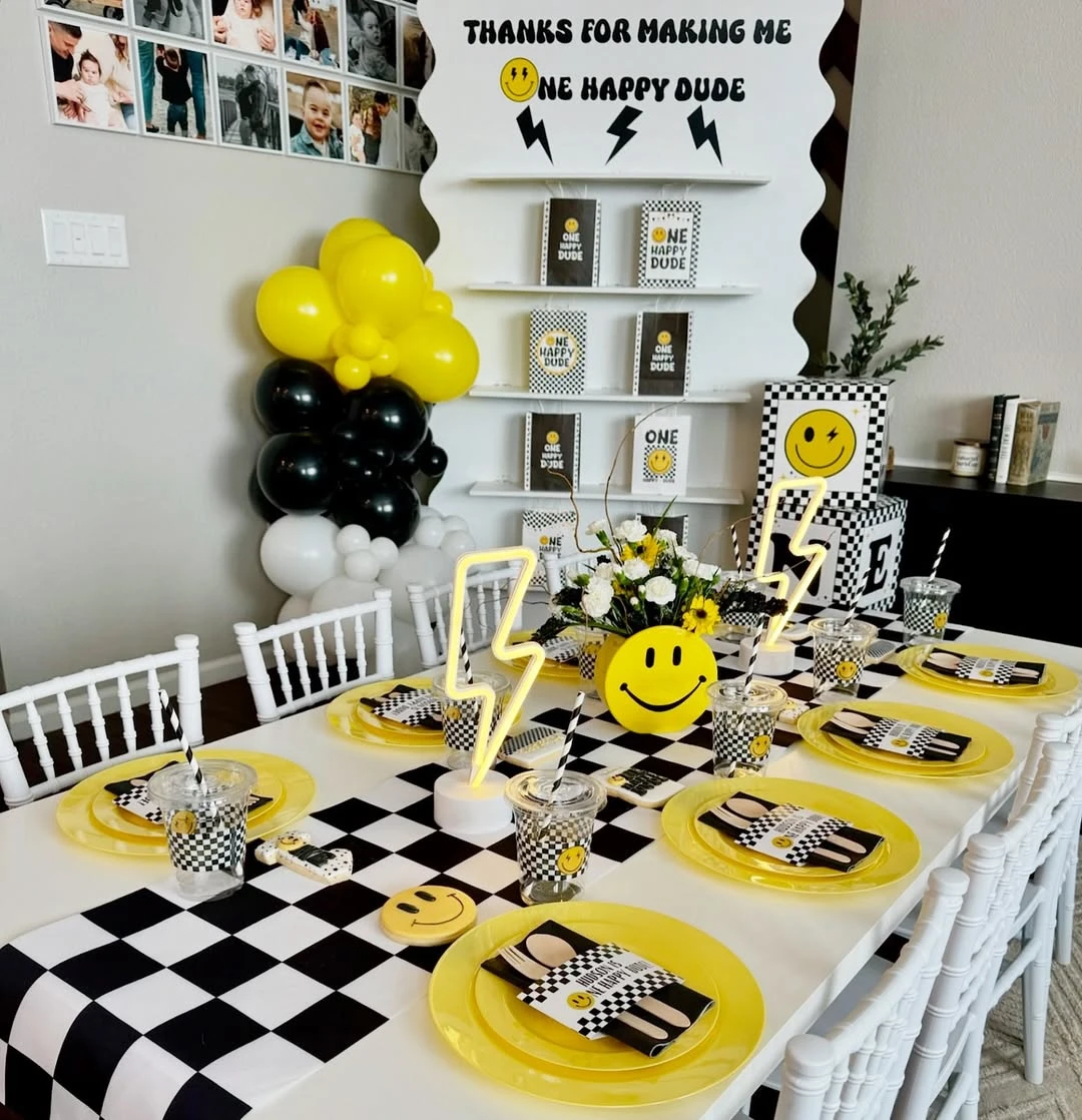 Checkered Runner Table Setup one happy dude birthday