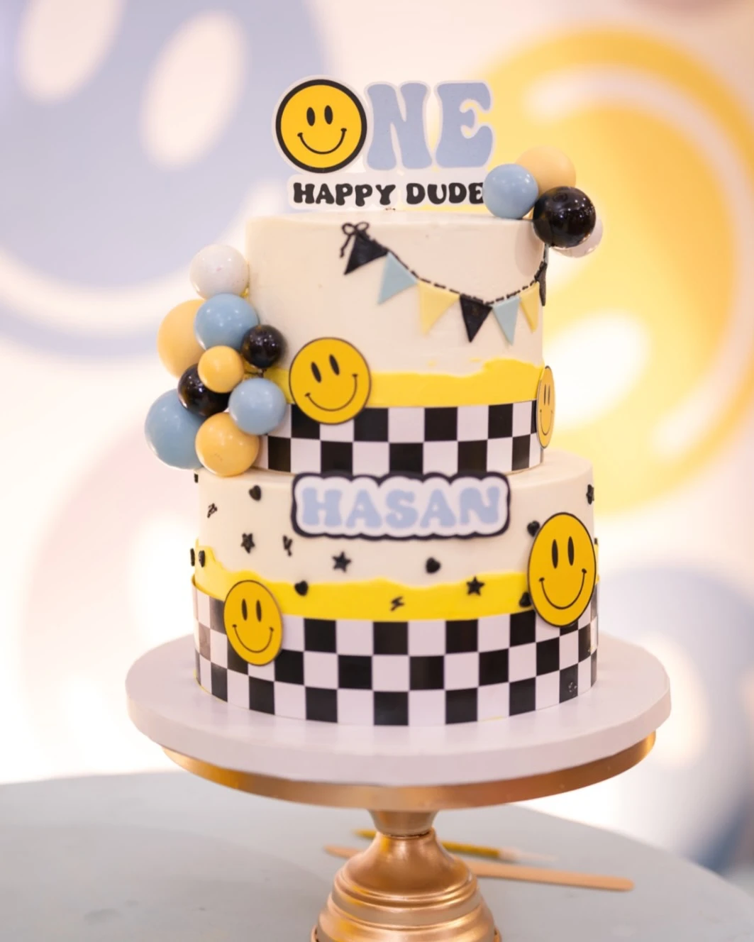 Checkered Tiered Smiley Cake one happy dude birthday