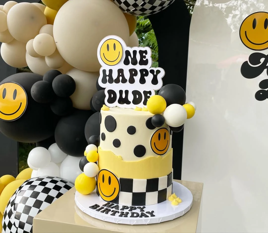Multi-Patterned Retro Cake one happy dude birthday