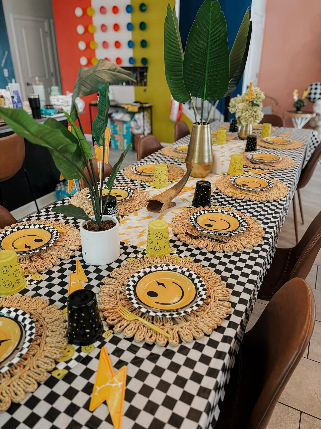 Woven and Checkered Tablescape one happy dude birthday