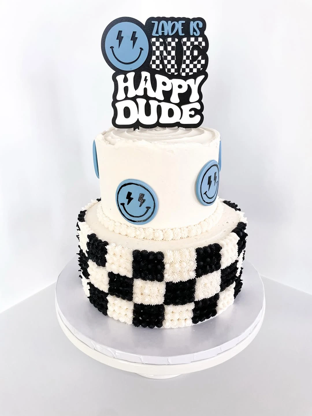 Piped Checkered Tier Cake one happy dude birthday