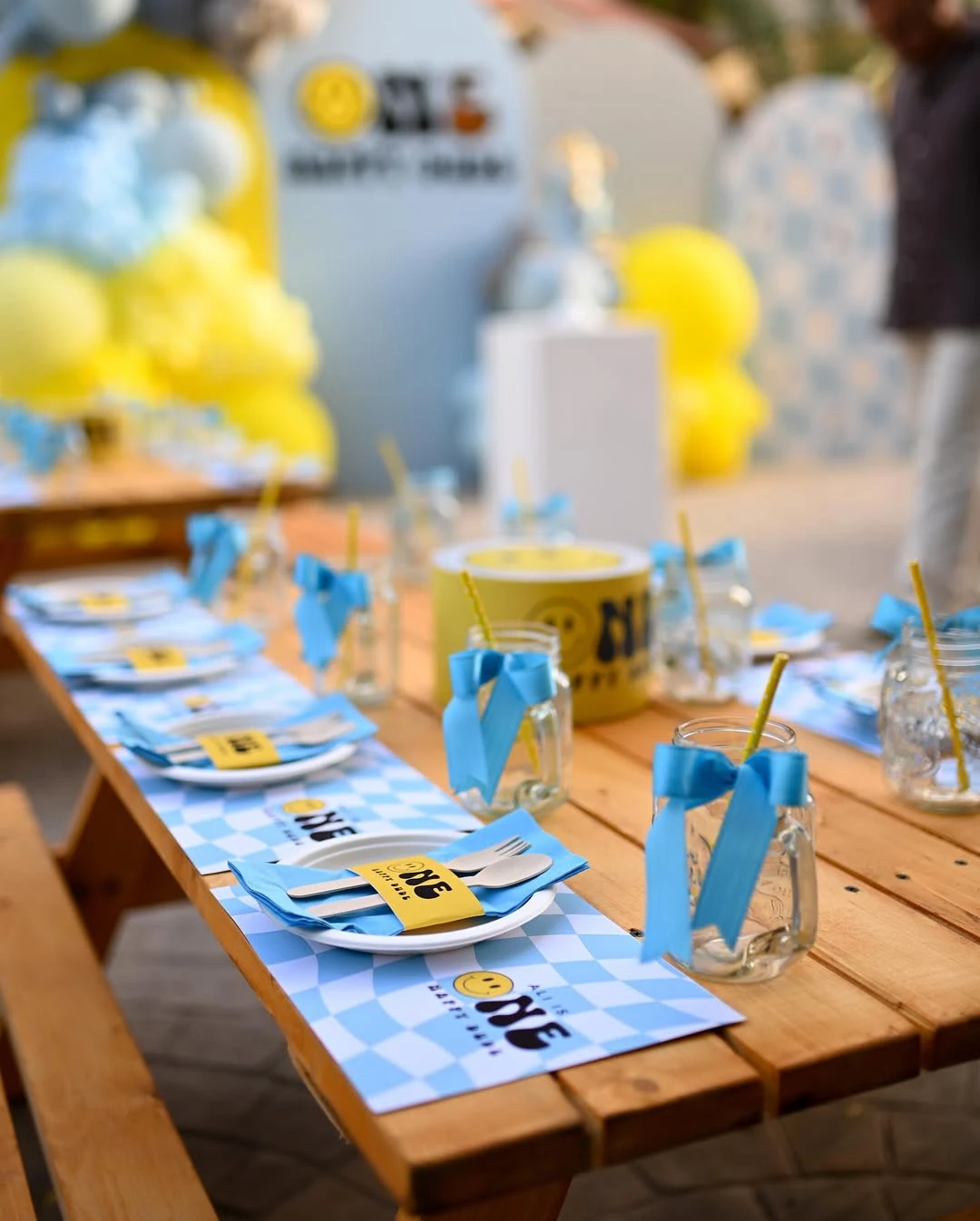 Blue Checkered Table Coordination one happy dude birthday