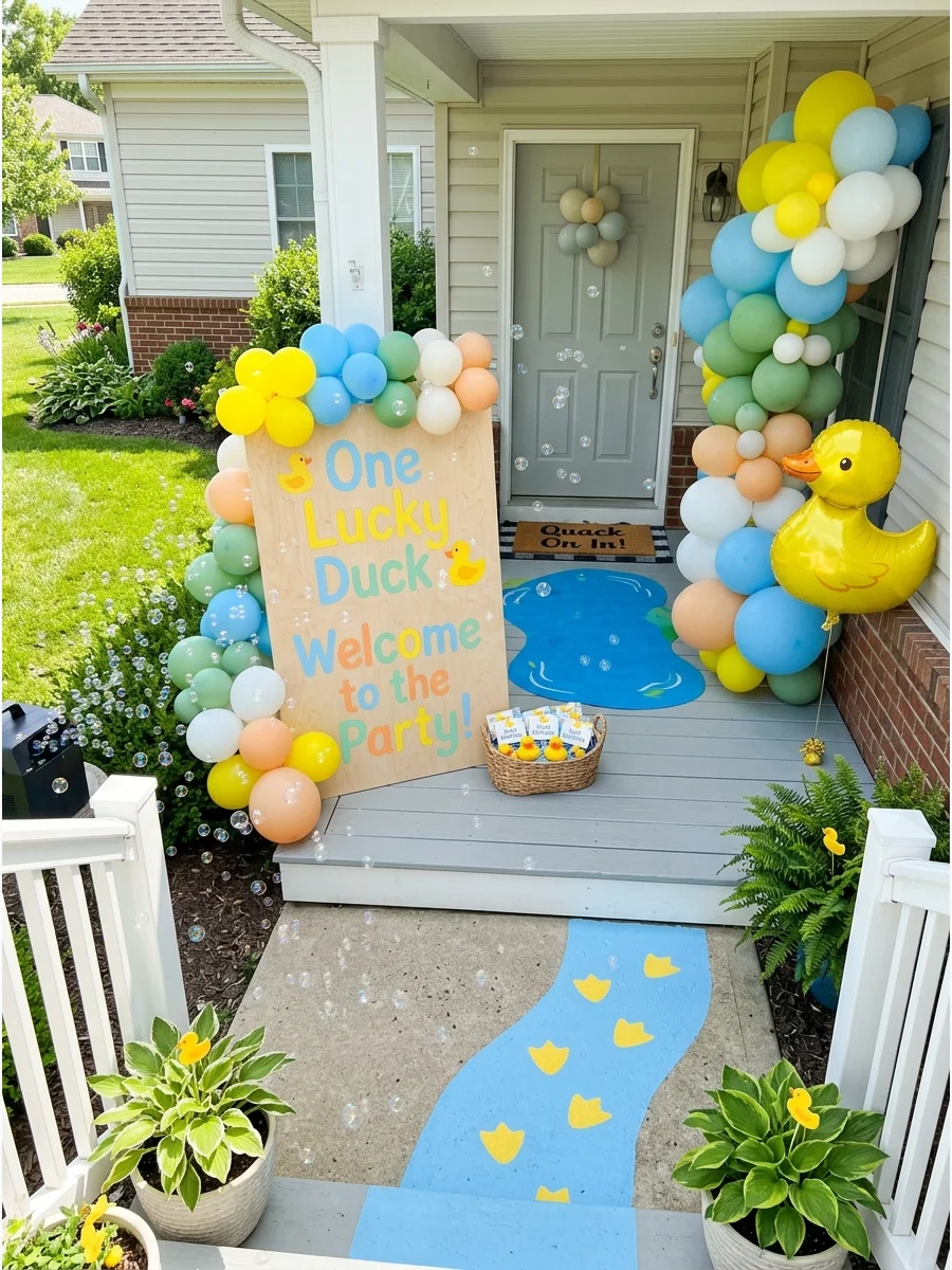 A porch entrance with a One Lucky Duck sign and bubbles floating in the air.