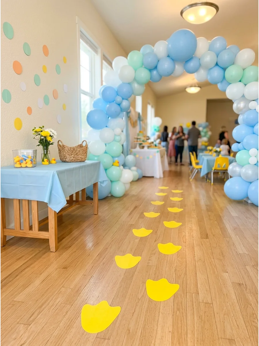 Yellow duck footprints on a wooden floor leading to a blue balloon arch.