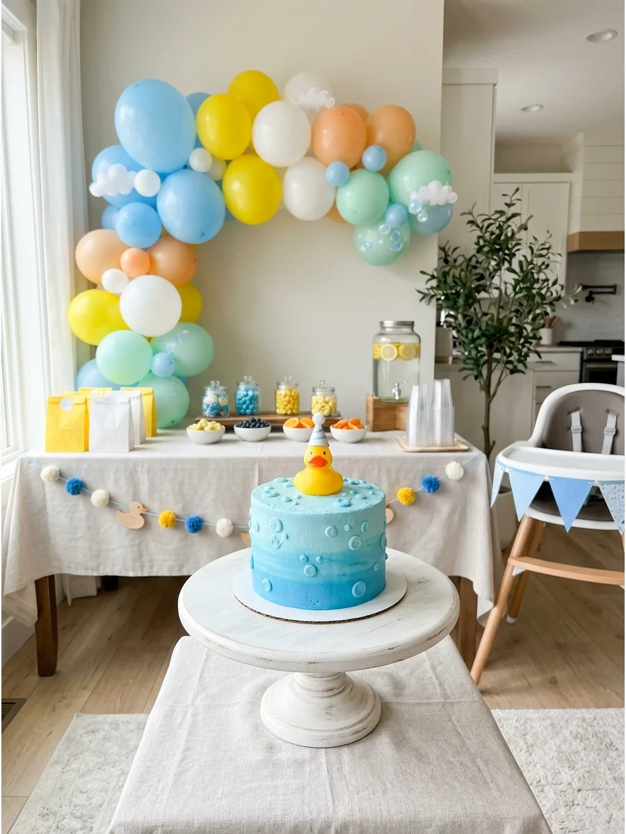 A blue ombre bubble-textured smash cake topped with a rubber duck.