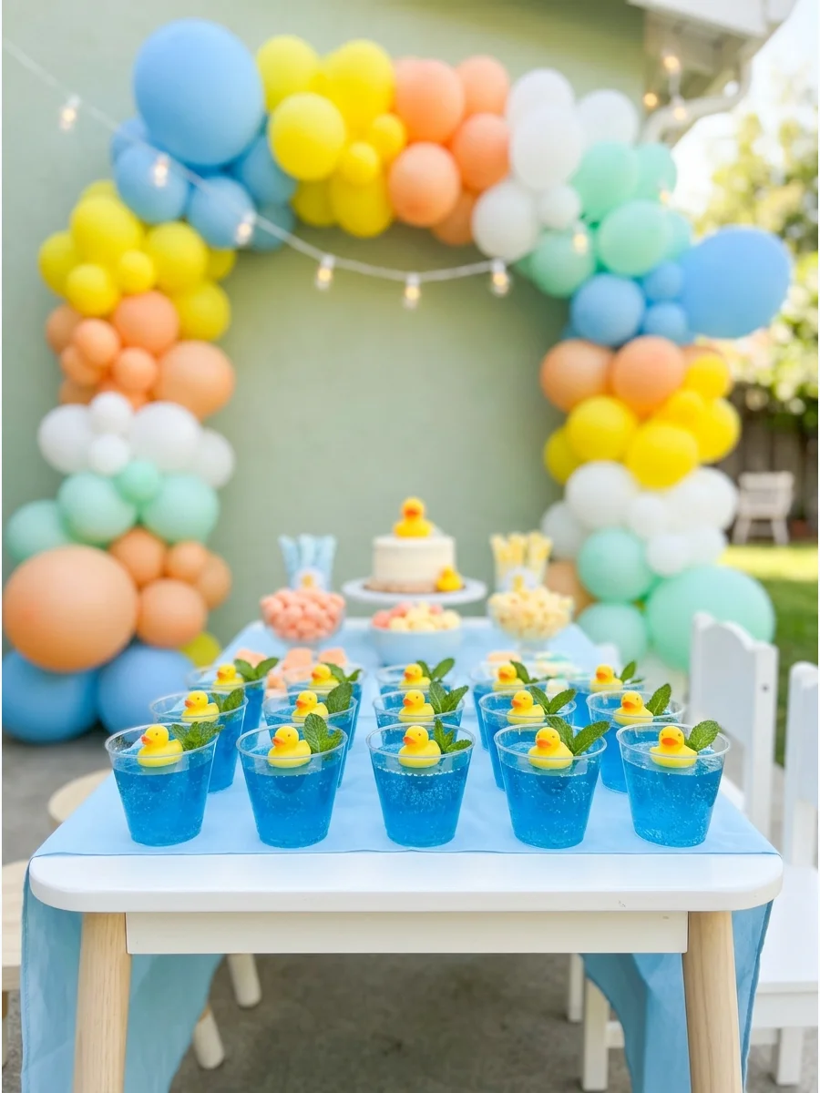 Individual blue jelly cups topped with yellow gummy ducks.