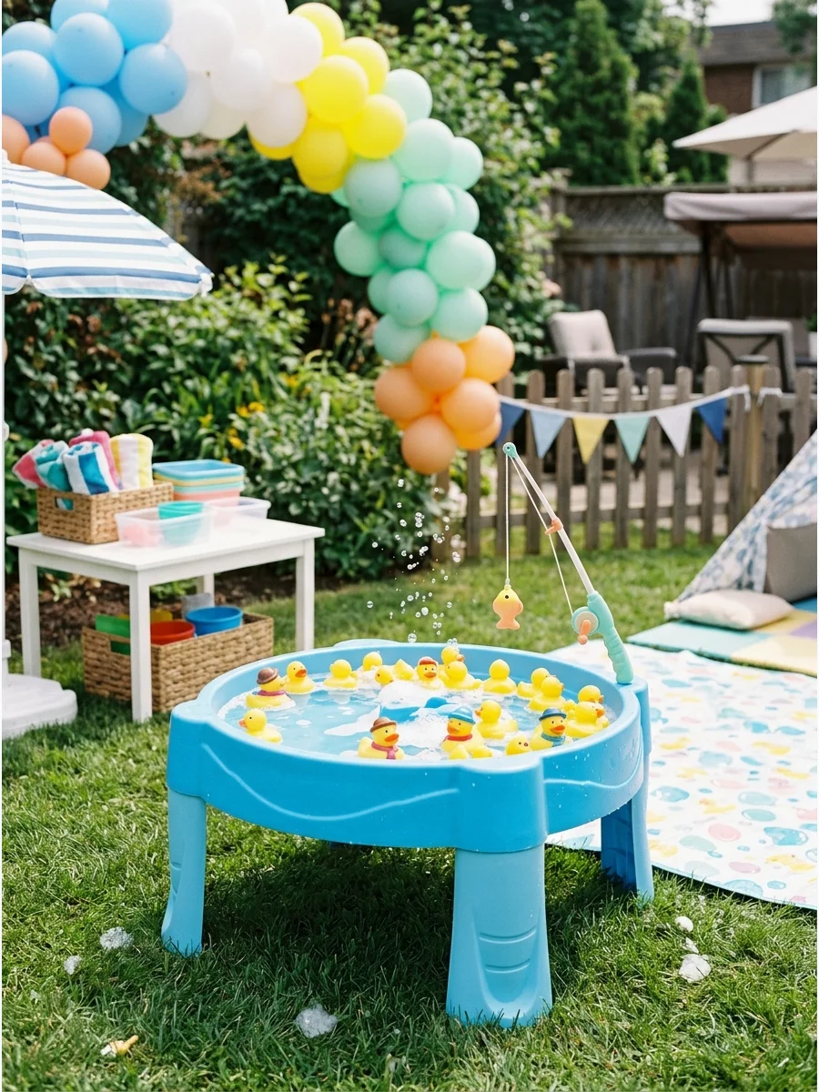 A toddler water table with rubber ducks and a magnetic fishing rod.