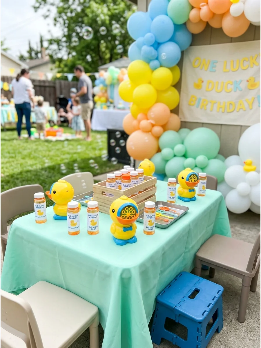 A bubble station with duck-shaped machines and labeled bubble bottles.
