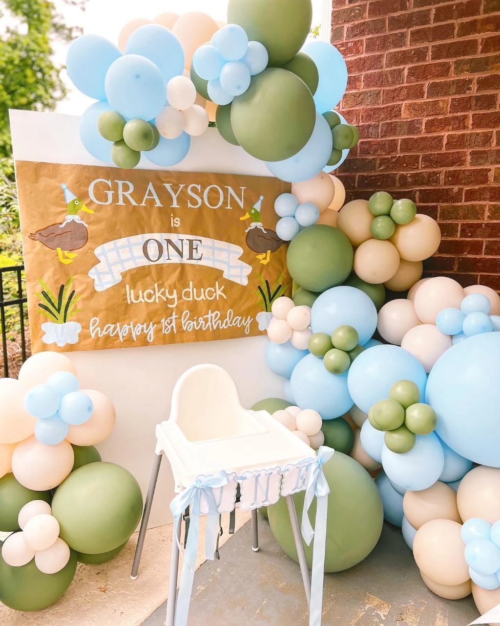 Mallard-Inspired High Chair Backdrop one lucky duck birthday party