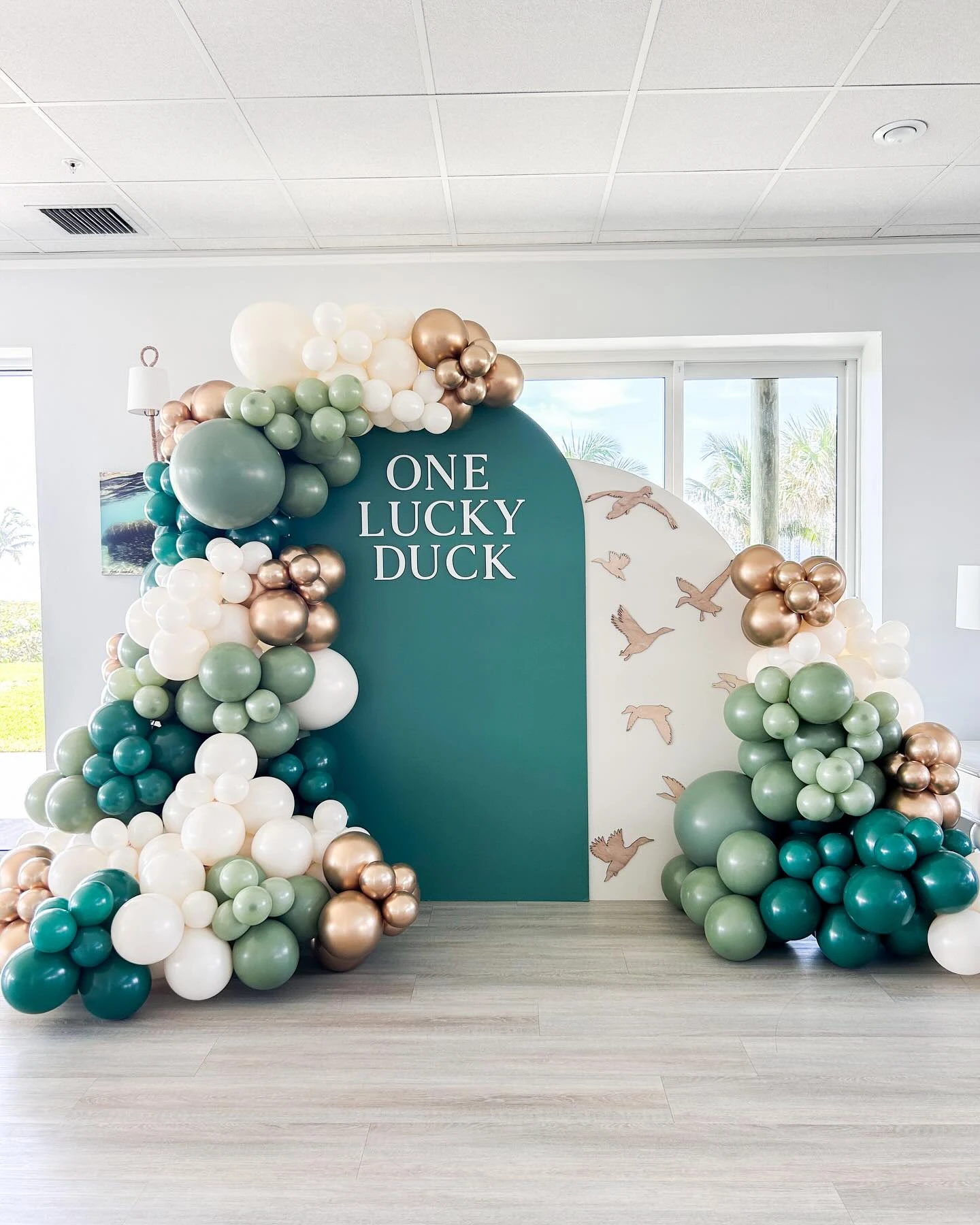 Tonal Green Backdrop Panels one lucky duck birthday party