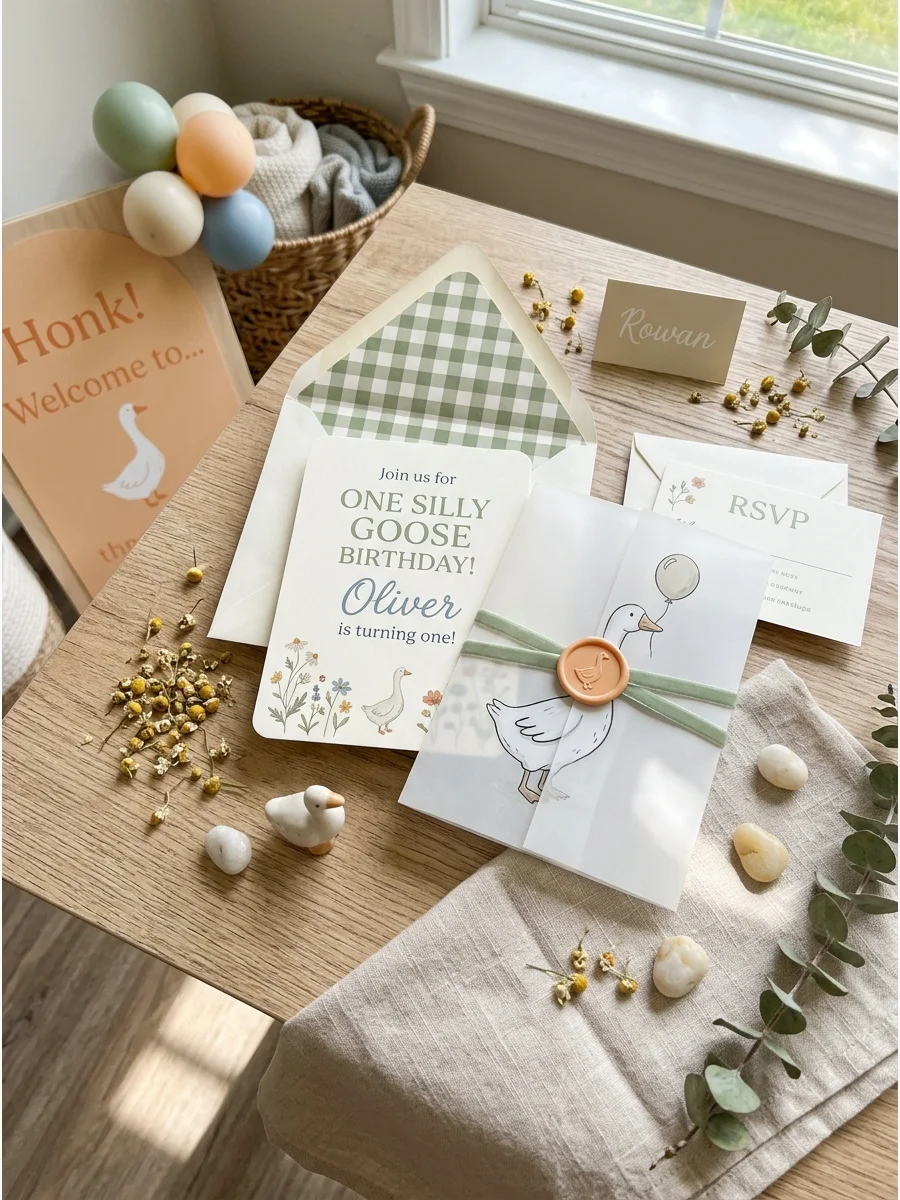 A flat lay of a sage green and cream goose-themed invitation suite with a vellum overlay and orange wax seal.