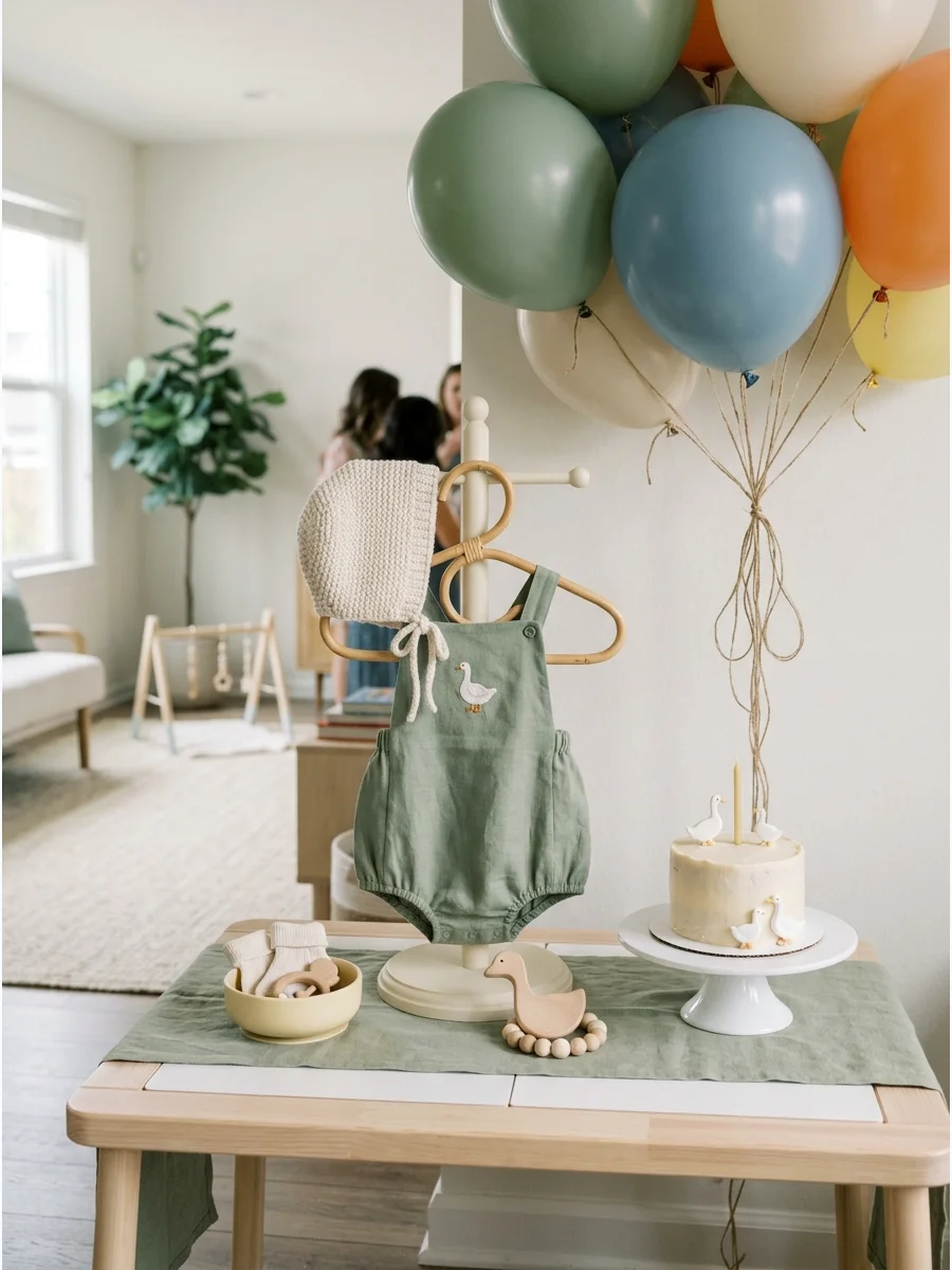 A sage green linen baby romper with a white goose embroidery and a cream knit bonnet on a wooden background.