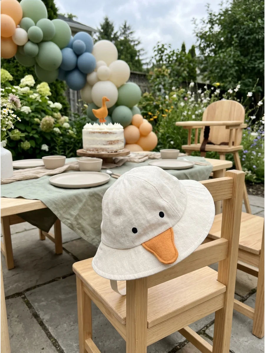 A cream-colored toddler bonnet with a small orange felt beak and black eyes on a garden bench.