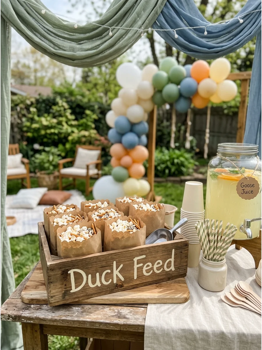 Small brown paper bags filled with popcorn and pretzels in a wooden crate with a Duck Feed sign.