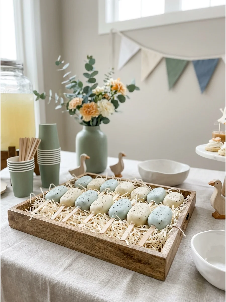 Oval cake pops with blue and cream speckled chocolate coating arranged in a nest-like display.