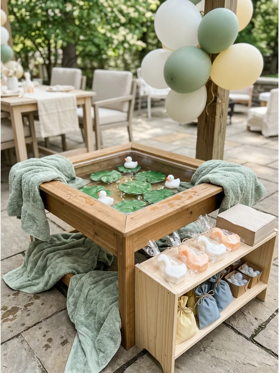 A wooden water table for toddlers with floating geese and lily pads on a green rug.