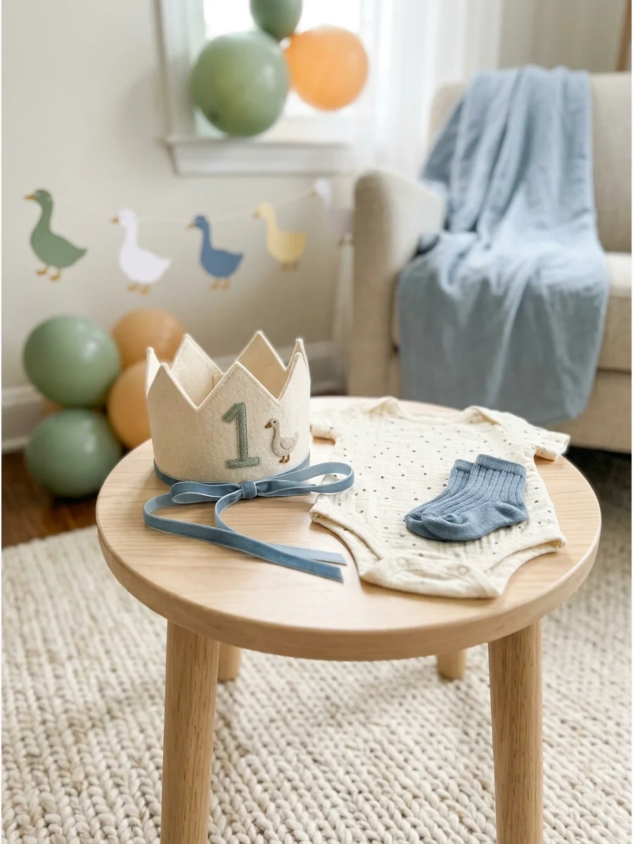 A cream and sage green felt birthday crown with a goose silhouette and blue velvet ribbon.
