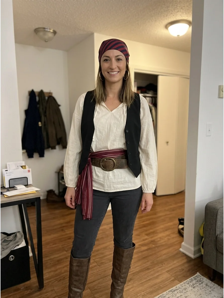Classic Female Pirate Costume. Start with a loose white blouse, black vest, dark pants, and knee-high boots. Add a red waist sash, striped headscarf, oversized belt, and gold hoop