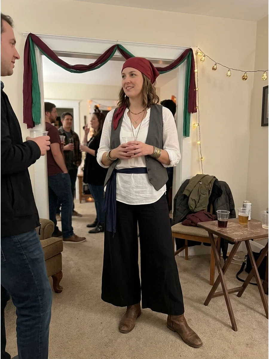 Comfortable Pirate Costume. Wear wide-leg black pants, a soft cotton blouse, flat boots, and a lightweight vest. Add a comfortable headscarf and a few simple accessories so you can