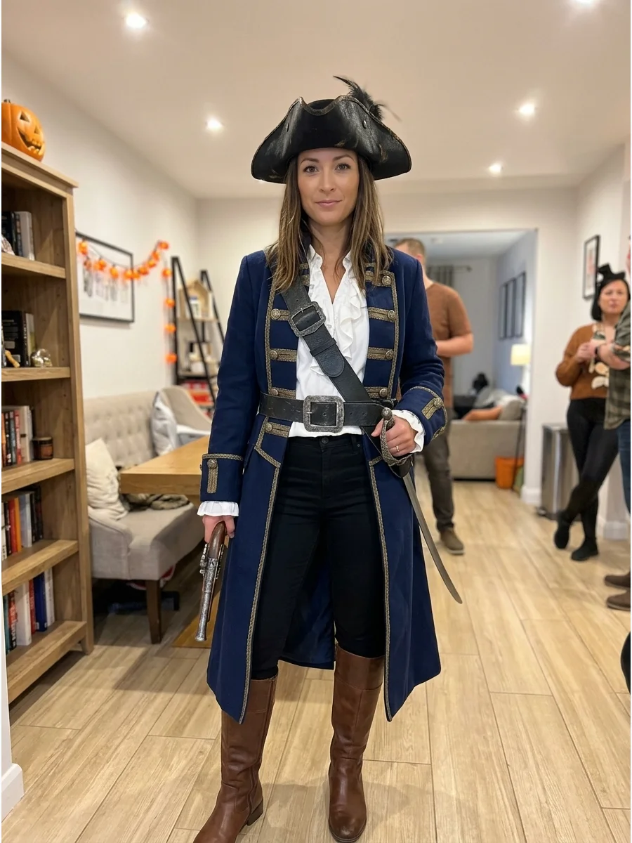 DIY Pirate Captain Costume. Layer a long red, navy, or black coat over a white blouse and fitted trousers. Add gold trim, decorative buttons, a tricorn hat, and tall boots to creat