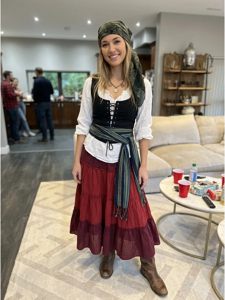 DIY Pirate Maiden Costume. Pair a flowing skirt with a peasant blouse, lace-up vest, and wide fabric sash. Add a headscarf, coin necklace, and weathered boots for a traditional pir