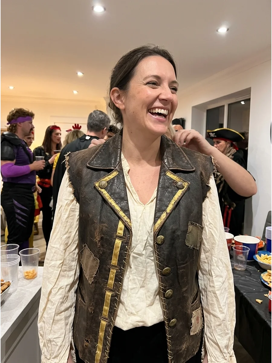 Homemade Pirate Costume With a Vest. Turn an old brown or black jacket into a pirate vest by removing or folding back the sleeves. Decorate the edges with gold ribbon, large button