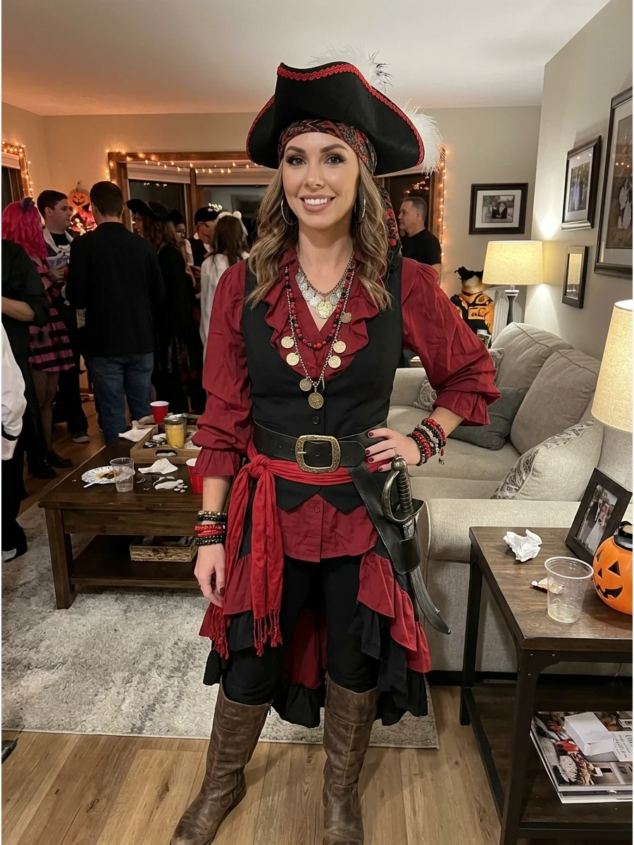DIY Red and Black Pirate Costume. Combine a red blouse or skirt with black pants, boots, and a fitted vest. Repeat the two colors through your scarf, hat trim, belt, and jewelry fo