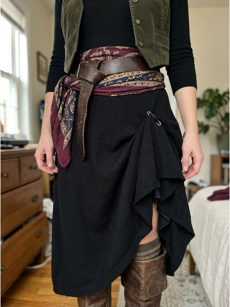 DIY Pirate Dress Costume. Transform a simple black or burgundy dress by adding a wide belt, layered scarf, cropped vest, and boots. Pin one side of the skirt slightly higher to giv