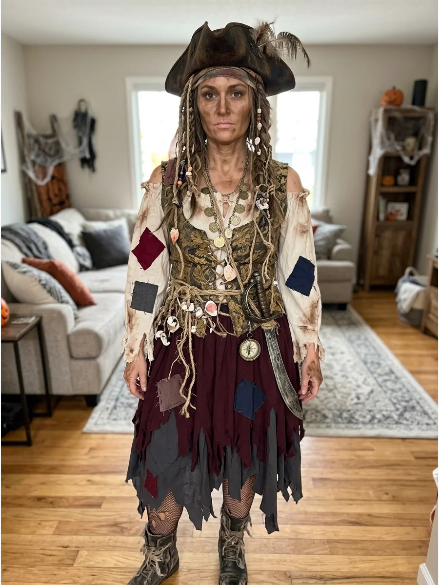 DIY Shipwrecked Pirate Costume. Distress an old blouse and skirt by creating uneven hems and adding fabric patches. Use brown costume makeup to create a weathered effect, then add