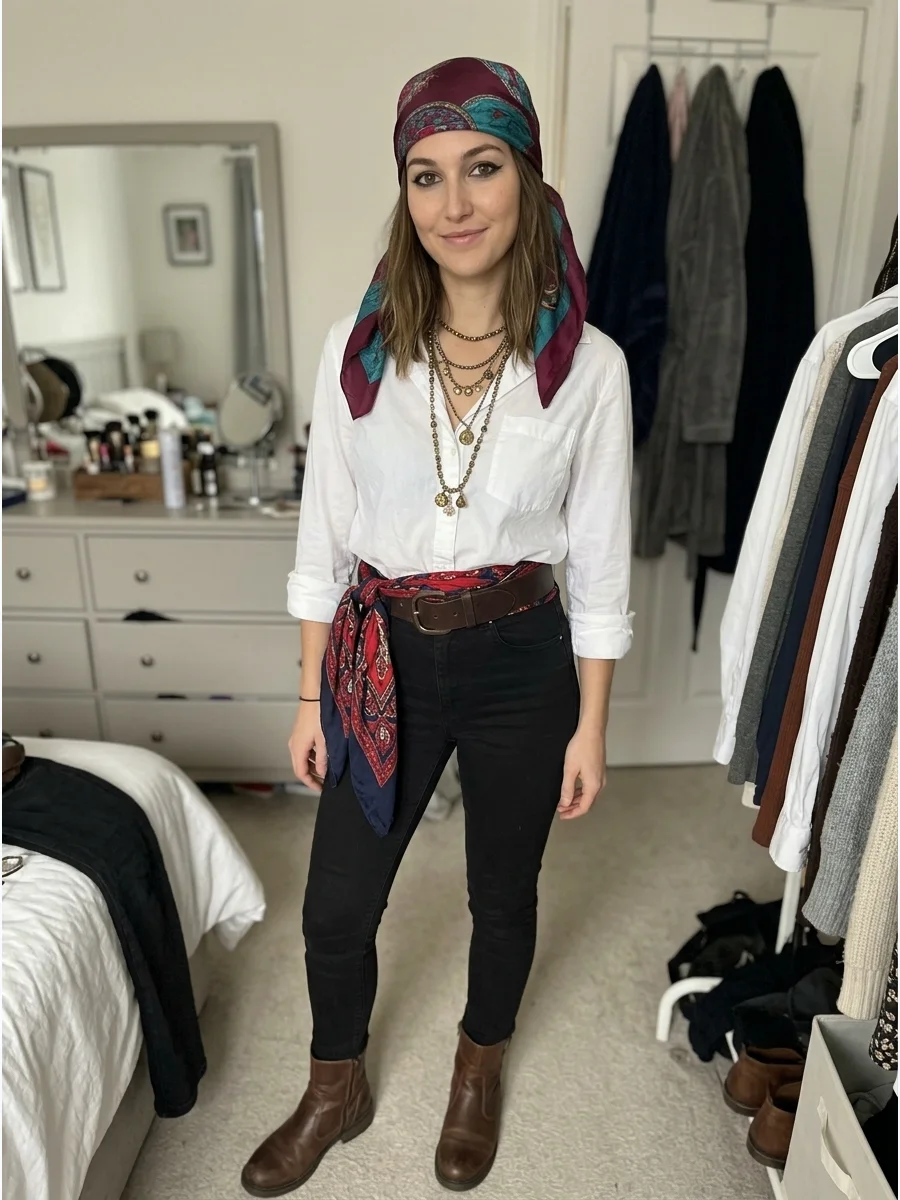 Last-Minute Closet Pirate Costume. Pair a white button-down shirt with black jeans, brown boots, and a wide belt. Tie a scarf around your head, layer on some necklaces, and add dar